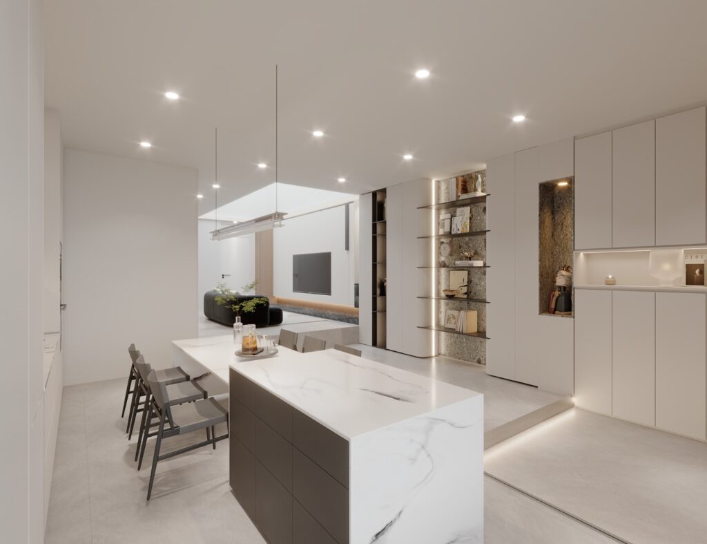 Marble island with dining seating and lit shelving, living area in the background
