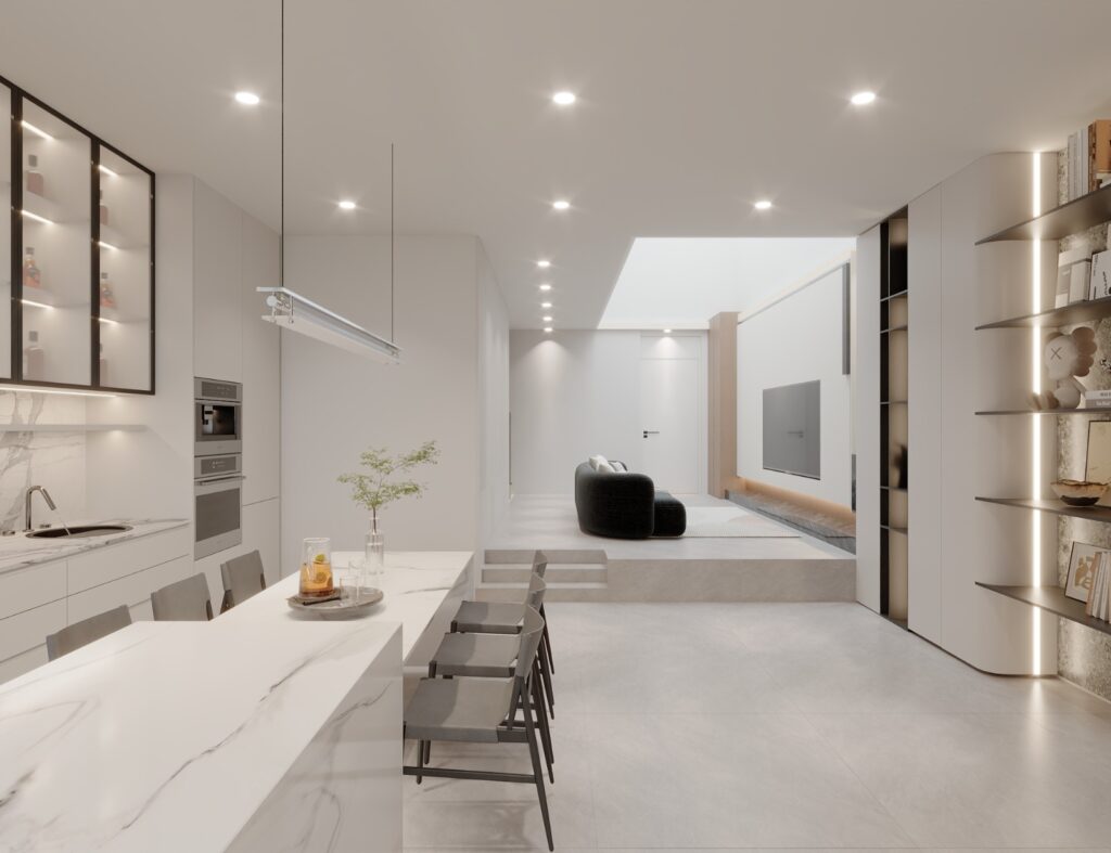 Kitchen and dining with the sunken lounge and dark sofa in the distance