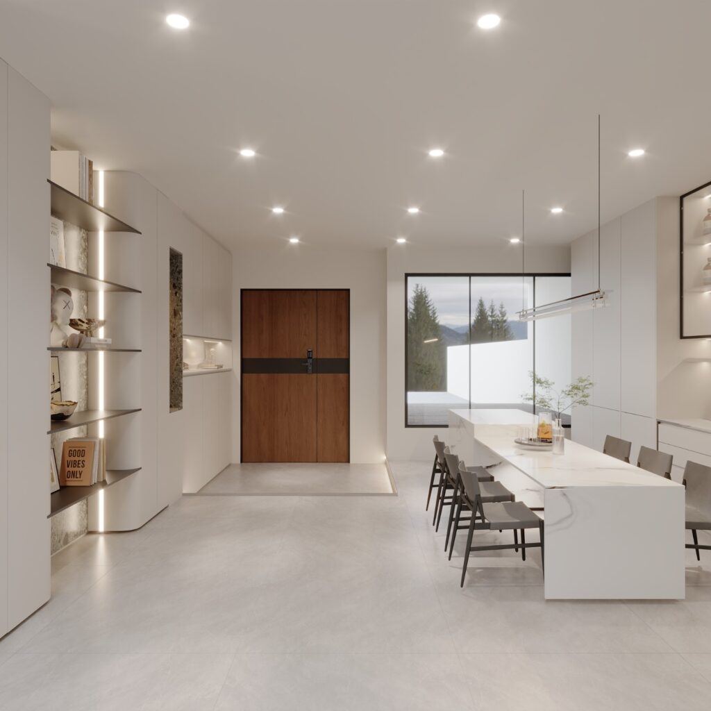 Entrance hall with a timber double door, lit shelving and the dining area