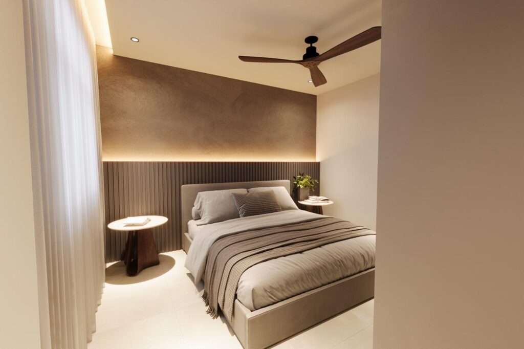 Bedroom with a textured plaster wall, fluted headboard and concealed lighting