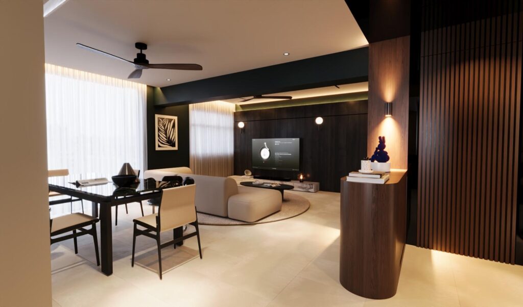 Wide view of the dining area and living room with a curved timber console in the foreground