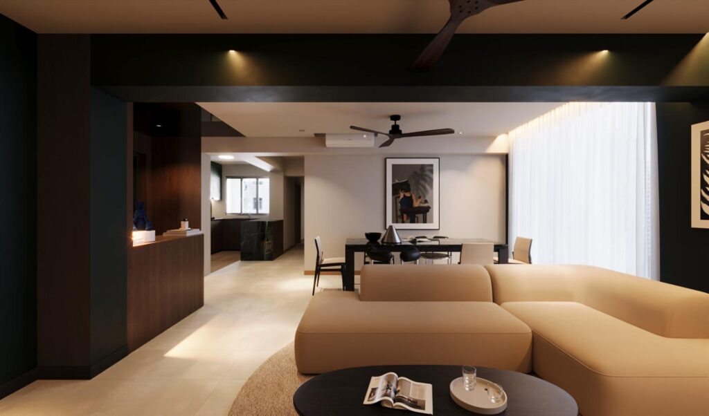 Living room with a cream sectional sofa and a dark ceiling beam, dining area beyond
