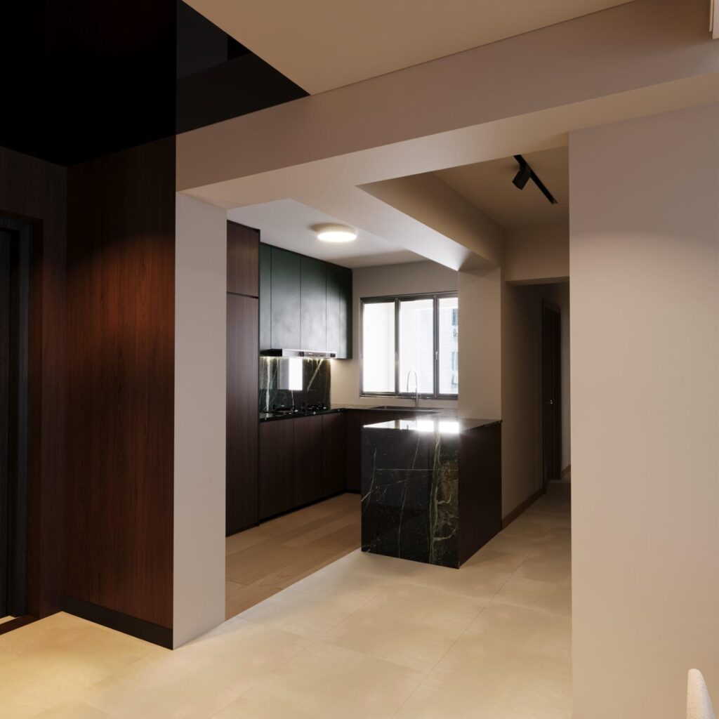 View from the entrance hall into the kitchen with a green marble peninsula