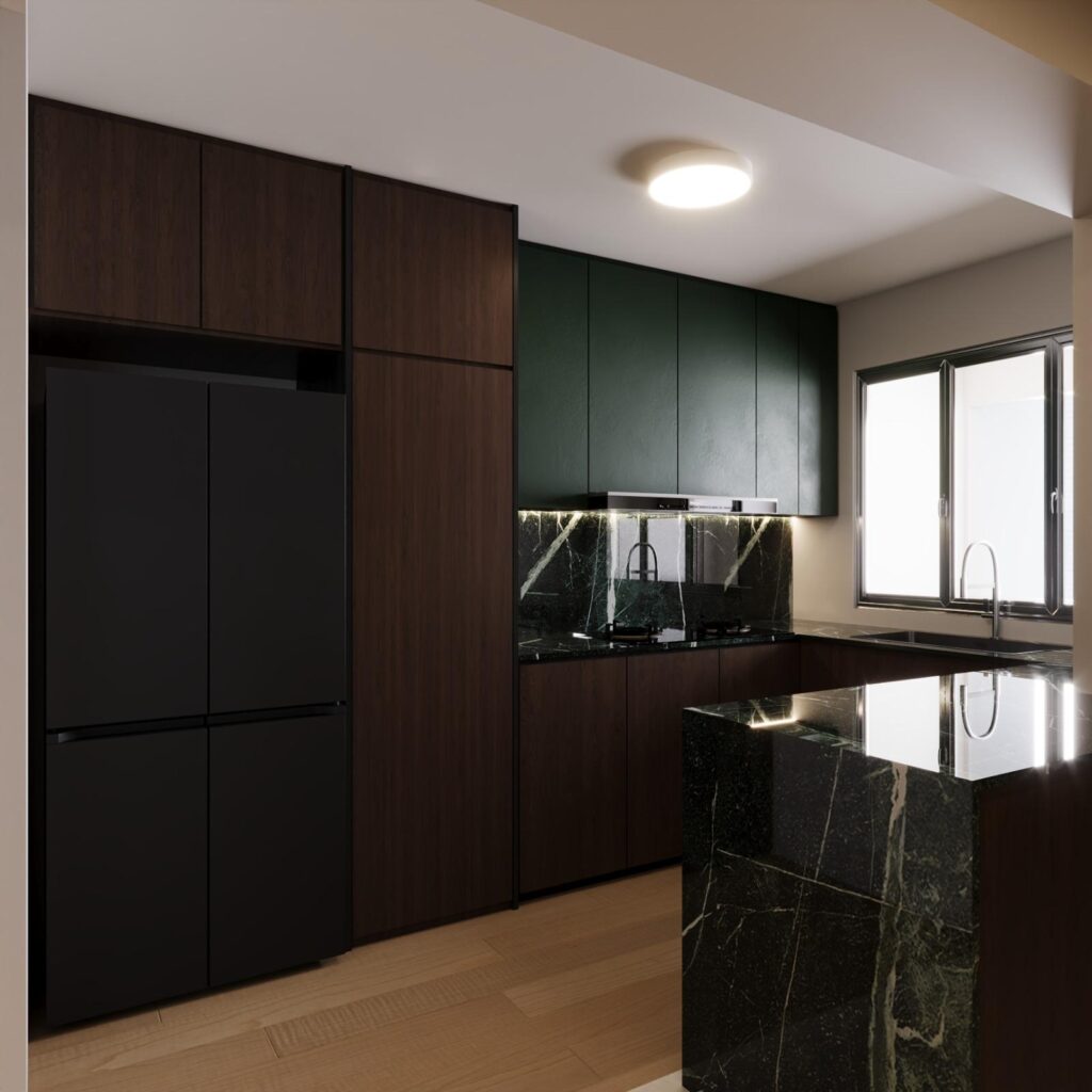 Kitchen with dark timber and deep green cabinets and a green marble peninsula