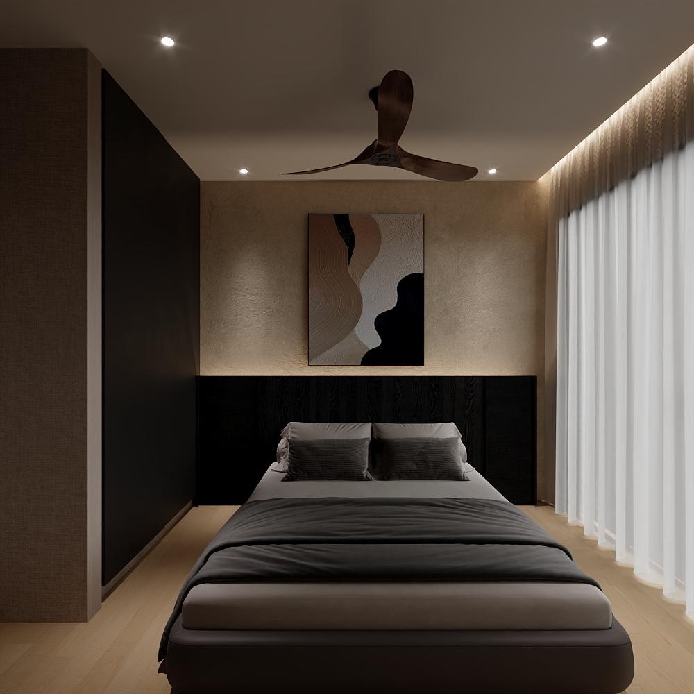 Master bedroom with a dark upholstered bed, soft ceiling lighting and sheer curtains