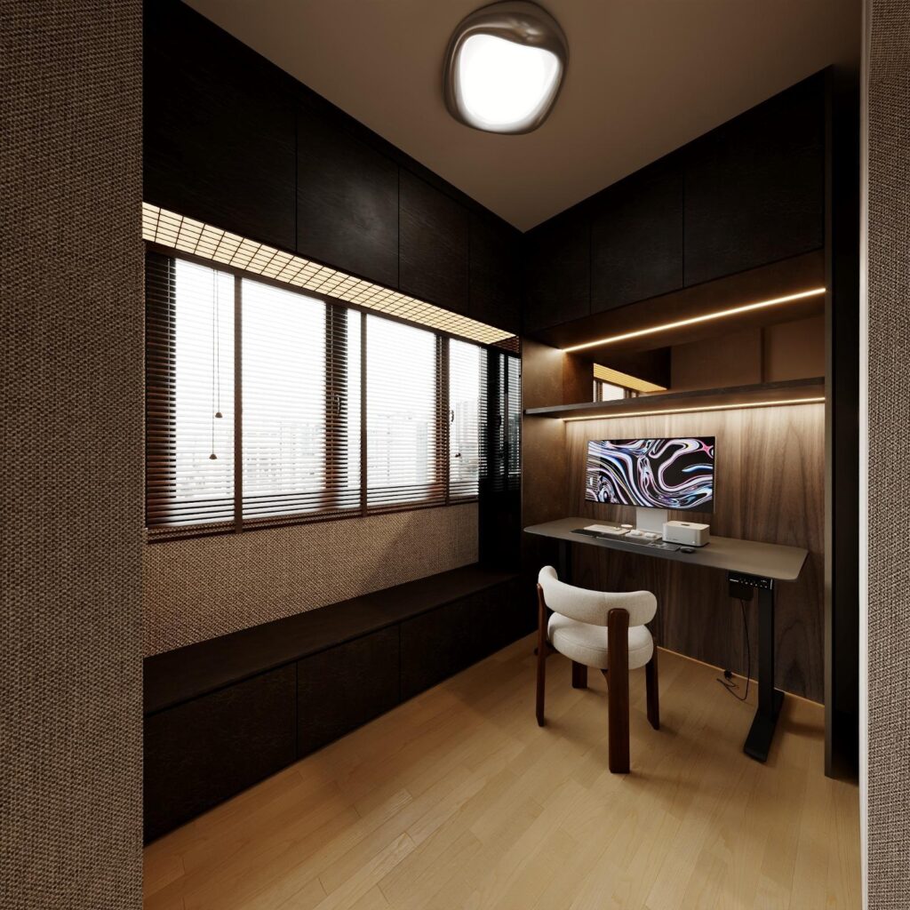 Study with a built-in timber desk, a round white chair and a window with blinds